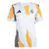 An Adidas Real Madrid pre-match soccer jersey featuring a white base with an abstract, jagged graphic pattern in yellow-orange, light blue, and grey.