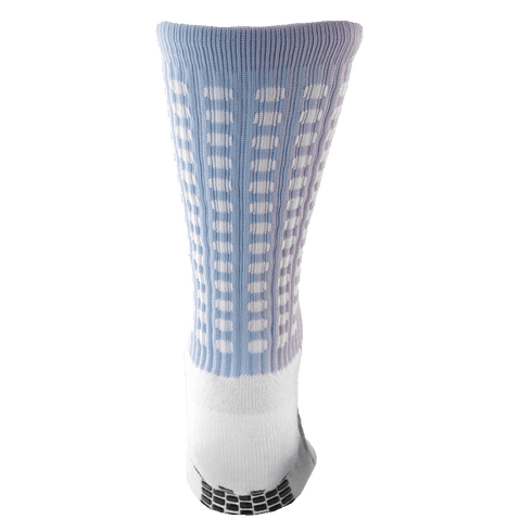 An upright crew sock with a light blue and lavender patterned leg, a white foot area, and black non-slip grip pads on the bottom.