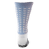 An upright crew sock with a light blue and lavender patterned leg, a white foot area, and black non-slip grip pads on the bottom.