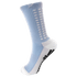 Light blue and white crew-length athletic sock with black non-slip grip pads on the sole and white rectangular details along the side.