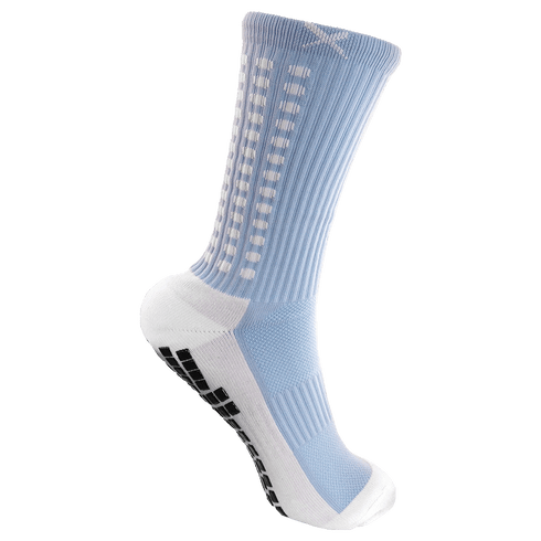Light blue and white crew sock featuring black non-slip grip pads on the sole and vertical white dotted stripes.