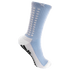 Light blue and white crew sock featuring black non-slip grip pads on the sole and vertical white dotted stripes.