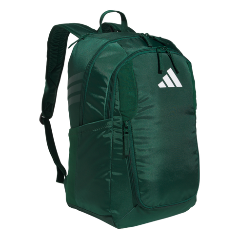 Forest green Adidas backpack featuring multiple zippered compartments and a white logo on the front.