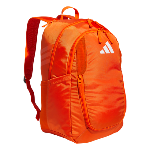 Vibrant orange Adidas backpack with multiple zippered compartments and a side mesh pocket. It features white logo branding on the front.