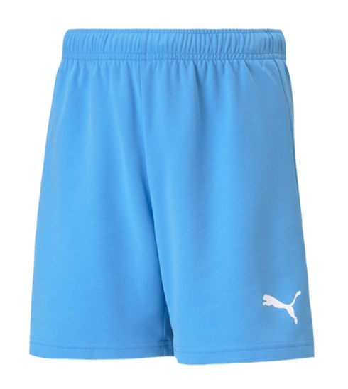 Light blue athletic shorts with an elastic waistband and a white Puma cat logo on the bottom right leg.