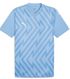 A light blue Puma V-neck jersey featuring a tonal geometric arrow-stripe pattern and white logos on the chest and shoulders.