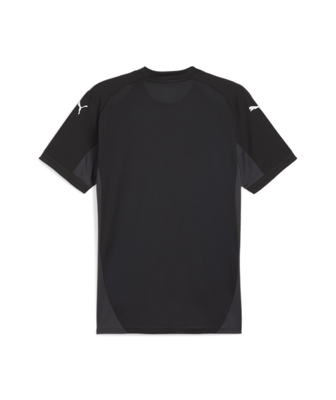 Back view of a black Puma short-sleeved athletic shirt with white shoulder logos and mesh fabric panels, shown on a solid black background.