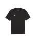 Black Puma short-sleeve athletic t-shirt with white logos on the chest and sleeve, and dark gray side panels.