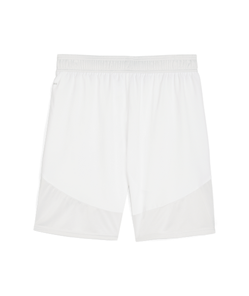 A pair of white athletic shorts featuring an elastic waistband and breathable mesh panels at the bottom hem of each leg. Small grey text is visible on the upper left hip.