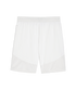 A pair of white athletic shorts featuring an elastic waistband and breathable mesh panels at the bottom hem of each leg. Small grey text is visible on the upper left hip.
