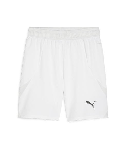 White Puma athletic shorts with a black logo on the right leg, mesh side panels, and an elastic waistband.