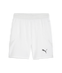 A pair of white Puma athletic shorts featuring a black logo on the lower right leg and an elastic waistband.