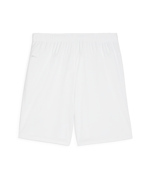 Front view of white athletic shorts with an elastic waistband and "DRYCELL" branding on the upper right side, set against a solid black background.