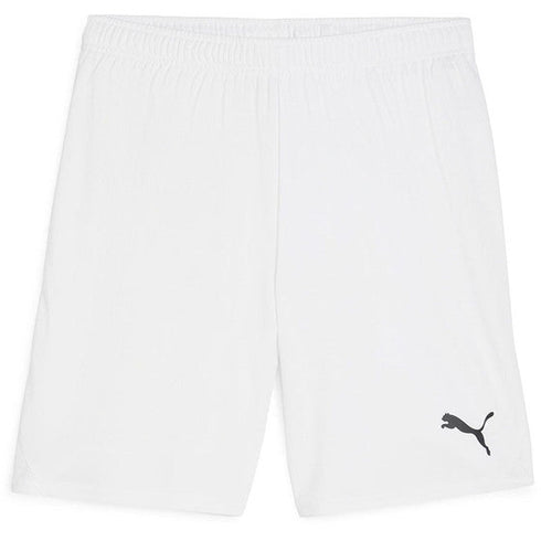 A pair of white Puma athletic shorts featuring an elastic waistband and a small black brand logo on the lower leg.