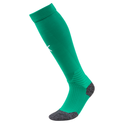 A green knee-high soccer sock with a small white logo, featuring grey reinforced heel and toe sections, displayed on a white background.
