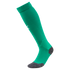 A green knee-high soccer sock with a small white logo, featuring grey reinforced heel and toe sections, displayed on a white background.