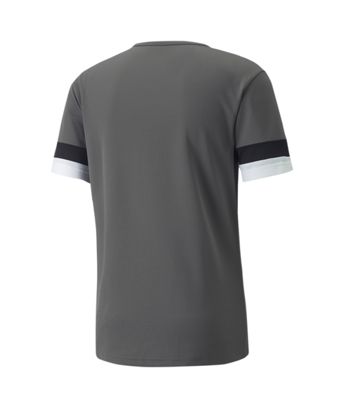 The back view of a gray short-sleeved athletic t-shirt with black and white horizontal bands on the sleeve cuffs, set against a plain white background.