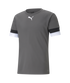 Grey Puma short-sleeved training tee featuring a white chest logo and black and white striped cuffs.