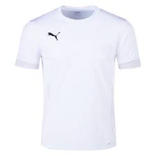 White short-sleeved Puma t-shirt with a black cat logo on the chest and gray-trimmed sleeve cuffs.