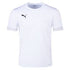 White short-sleeved Puma t-shirt with a black cat logo on the chest and gray-trimmed sleeve cuffs.