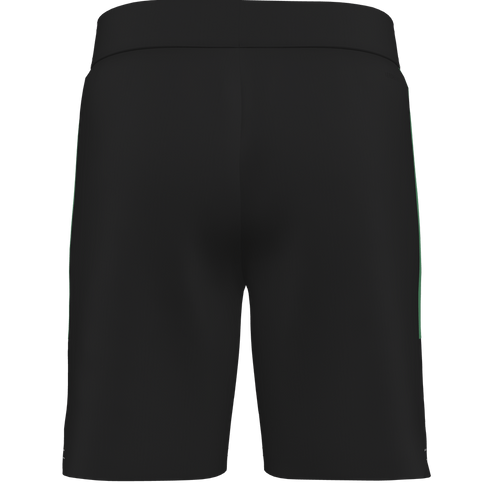 Back view of a pair of black athletic shorts with an elastic waistband and a thin green stripe along the side.