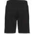 Back view of a pair of black athletic shorts with an elastic waistband and a thin green stripe along the side.