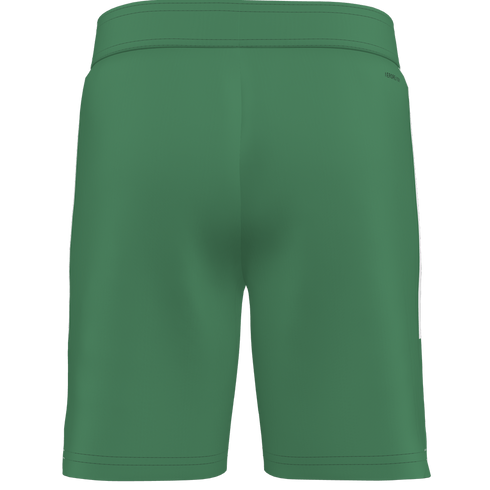 Back view of green athletic shorts with a wide waistband, side stripes, and a small logo on the upper right hip.