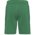 Back view of green athletic shorts with a wide waistband, side stripes, and a small logo on the upper right hip.