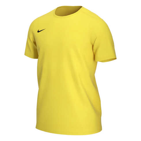 A bright yellow Nike athletic t-shirt with a black swoosh logo on the chest. It features a crew neck and short sleeves.