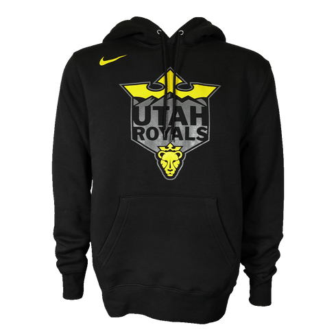 A black Nike brand hoodie featuring a yellow Nike swoosh on the right chest and a large central shield logo for the Utah Royals. The logo includes a gray mountain silhouette, a yellow crown graphic at the top, the words "UTAH ROYALS" in black, and a small
