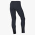 Rear view of dark navy blue athletic leggings with an elastic waistband and triangular black mesh panels at the back of the ankles.