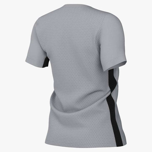 Back view of a grey short-sleeved mesh t-shirt with black zigzag panels on the sides, set against a plain white background.