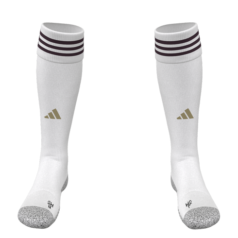 A pair of white Adidas knee-high soccer socks with three dark stripes on the cuff, a gold logo on the shin, and grey reinforced toes.