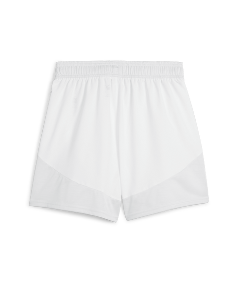 A back view of plain white athletic shorts featuring an elastic waistband and mesh inserts on the lower legs.