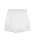 A back view of plain white athletic shorts featuring an elastic waistband and mesh inserts on the lower legs.