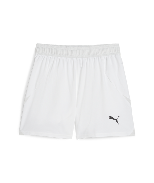 White Puma athletic shorts featuring an elastic waistband and a black leaping cat logo on the lower right leg.