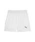 White Puma athletic shorts featuring an elastic waistband and a black leaping cat logo on the lower right leg.