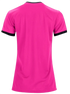 Back view of a bright pink short-sleeved athletic t-shirt with black trim on the collar and sleeve cuffs.