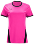 Bright pink Puma athletic shirt with black trim on the crew neck, sleeve cuffs, and side panels. The black Puma logo is on the left chest.