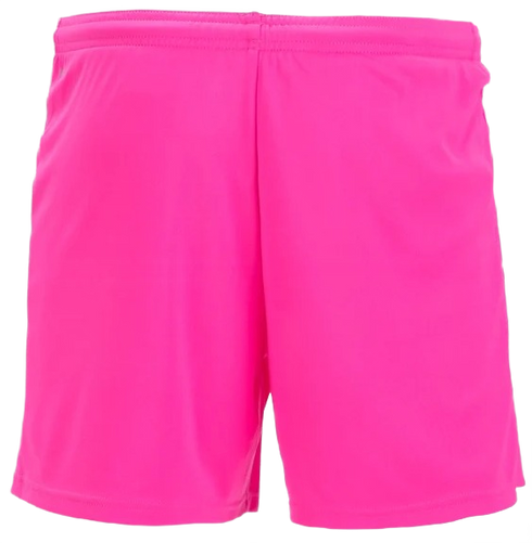 A pair of vibrant hot pink athletic shorts with an elastic waistband.