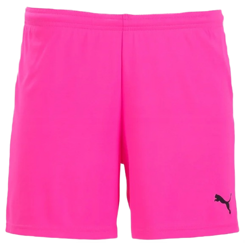 Bright pink Puma athletic shorts with an elastic waistband and a small black logo on the bottom left leg.