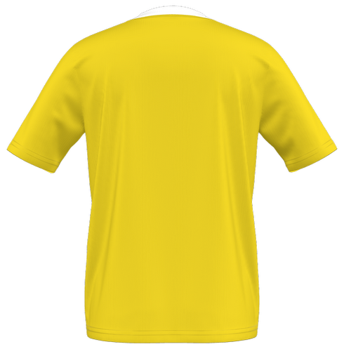 Back view of a plain yellow short-sleeved t-shirt with a white crew neck collar, set against a solid black background.