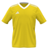 Bright yellow short-sleeved Adidas soccer jersey featuring a white V-neck collar, white shoulder stripes, and a white Adidas logo on the chest.