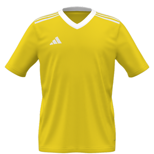 A bright yellow short-sleeved athletic jersey featuring white shoulder stripes, a white V-neck collar, and a white logo on the chest.
