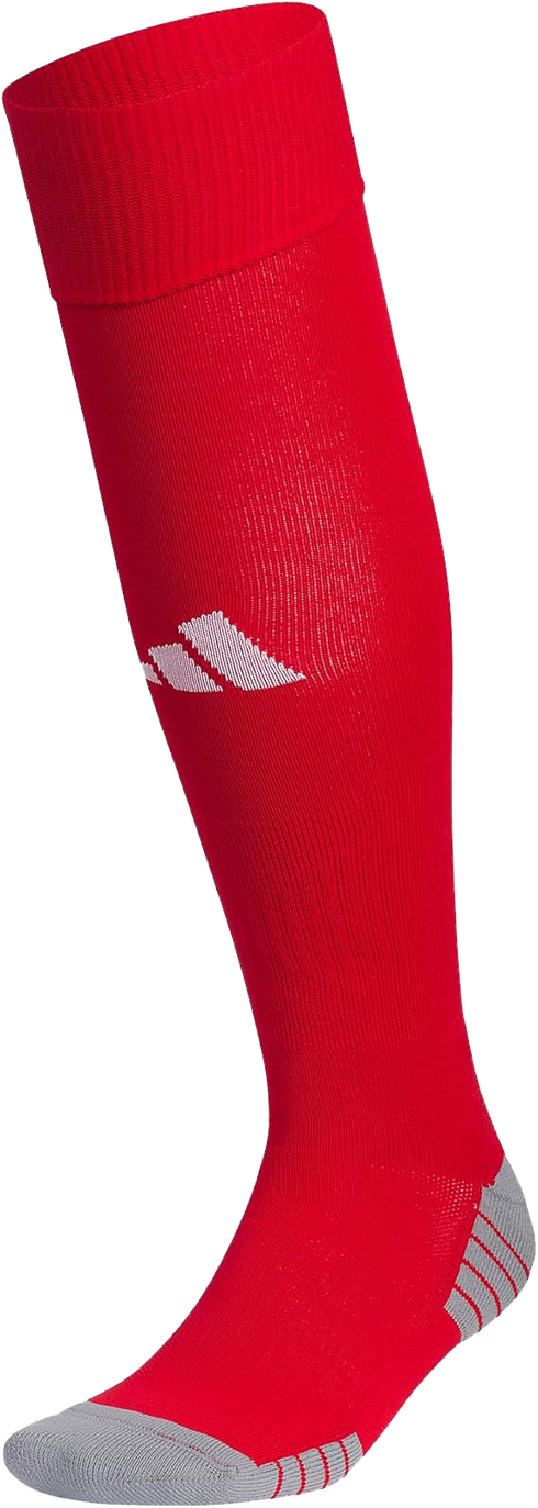 Red Adidas knee-high soccer sock featuring a white logo and grey reinforced toe and heel.