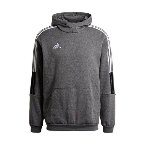 Grey Adidas hoodie with white brand logo, signature three-stripes on shoulders, black arm accents, and a front kangaroo pocket.