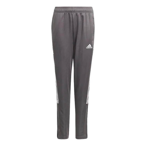 Grey Adidas track pants with three white stripes along the sides and a white logo on the left thigh.
