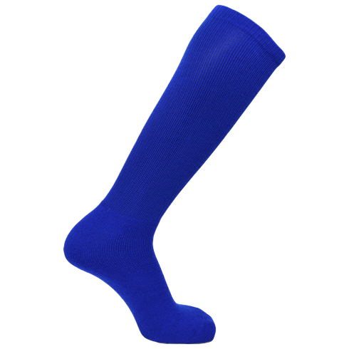 A solid royal blue, knee-high athletic sock shown against a plain white background.