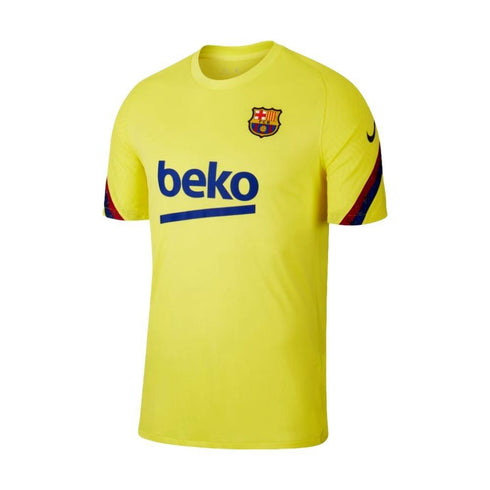 Bright yellow Nike FC Barcelona training jersey with the club crest on the chest, a blue beko logo, and maroon and navy blue striped trim on the sleeve cuffs.