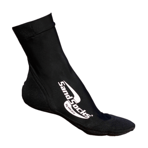 A pair of Vincere Sand Socks - Black, featuring a white logo on the side and reinforced material at the toe and heel.